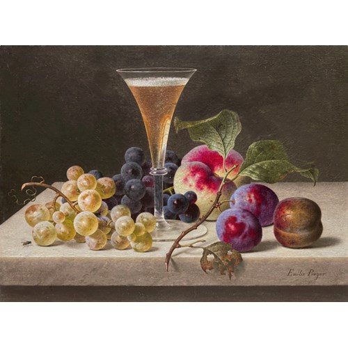 Still life with grapes, peach, plums and a Champagne flute